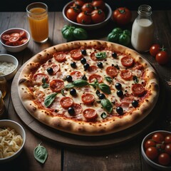 A large pepperoni pizza with olives and basil sits on a wooden board