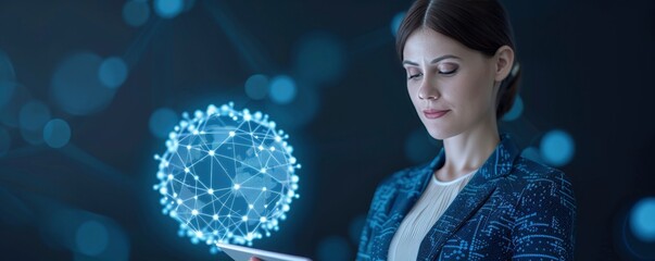Naklejka premium Businesswoman in suit holding tablet with glowing digital globe hologram on dark background, business concept for global network and connectivity