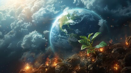 Obraz premium A powerful image of Earth from space with a young plant sprouting from debris, symbolizing environmental renewal and hope.