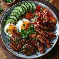Healthy Keto Bowl with Grilled Sausages, Boiled Eggs, and a Mix of Fresh Vegetables