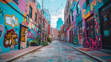 Fototapeta premium Colorful graffiti art on walls of an urban alley