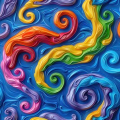 Colorful abstract swirls and patterns with rich textures creating a vibrant multicolored artistic background on a blue backdrop.