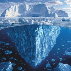 Obraz premium Stunning iceberg floating in calm Arctic waters, showcasing dramatic underwater ice formation against a backdrop of icy mountains and a clear sky.