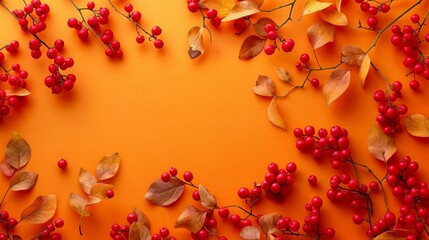 a close-up of berries with leaves, set against a bright orange background. The photophone. Place for inscription. 