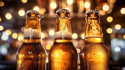 Three cold beer bottles in a row on a bar counter viewed from below