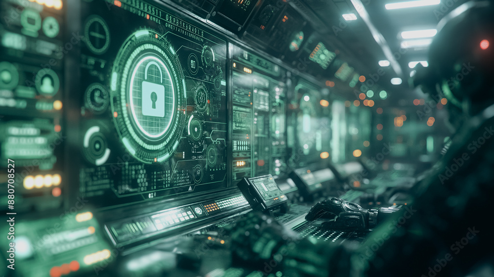 Poster a man is sitting in front of a computer monitor with a green lock symbol on it. the room is filled w