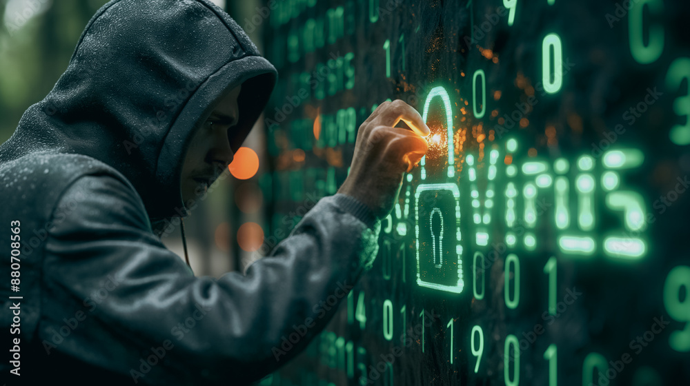 Poster a man is drawing a key on a computer screen. concept of hacking and the importance of cybersecurity