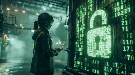 A woman is looking at a green screen with a lock on it. She is holding a cell phone in her hand