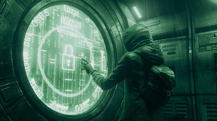 A man is touching a green screen with a green lock on it. The lock is labeled with the word "Virus"