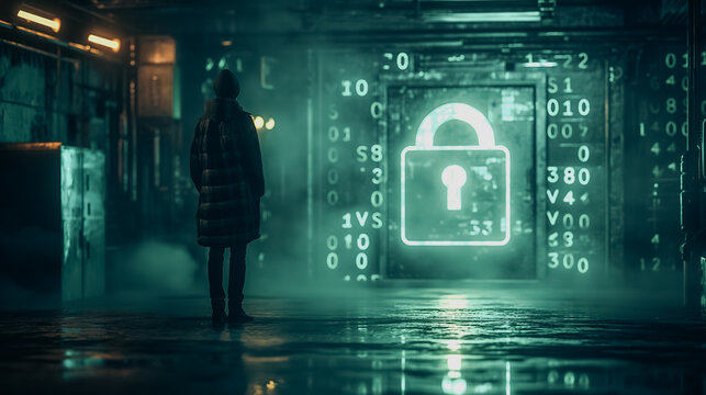 A man stands in front of a large green screen with a glowing lock symbol on it. Concept of security and protection, as the lock symbolizes a barrier or safeguard - Powered by Adobe