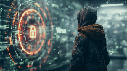 A person is looking at a computer screen with a red circle and the word Virus. Scene is serious and ominous, as the person appears to be concerned about the security of their computer