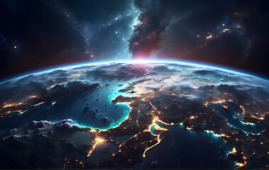 Fototapeta premium Nighttime Satellite View of Earth, Asia's City Lights Highlighting China and India