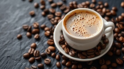 Coffee cup and scattered coffee beans on dark background