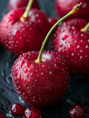 Close-up of Cherry Slices with Water Droplets for High-Resolution Photography
