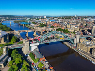 Newcastle, Northumberland, United Kingdom. 08.07.2024 Lovely Aerial morning image taken of the Tyne Bridge which spans The River Tyne. 8th July 2024.