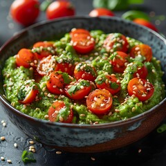 Rustic Bowl of Mexican Guacamole with Cherry Tomatoes