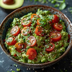Keto Mexican Guacamole with Cherry Tomatoes and Sesame Seeds
