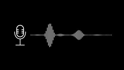 Moving microphone icon with white wave equalizer effect in the black background. Animation concept for podcast, broadcast, radio, music. Intro or opener for your next project.