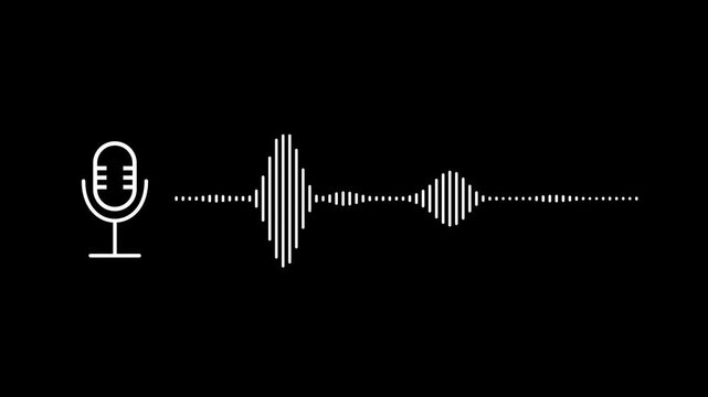 Moving microphone icon with white wave equalizer effect in the black background. Animation concept for podcast, broadcast, radio, music. Intro or opener for your next project.