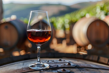 glass with portuguese 10 year old tawny porto wine standing on the barrell in the restaurant in vineyard