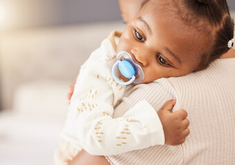Relax, mom and baby on shoulder for hug with pacifier, development, relationship care and security...