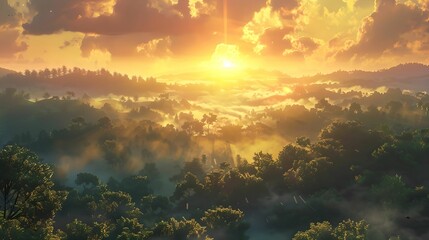 Fototapeta premium Dawn of a New Day, Sun, Sunrise, Mist, Valley