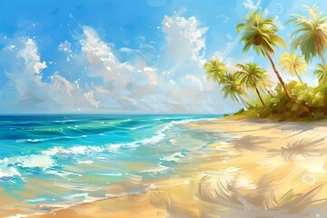 Serene Summer Beach, Sandy, Sunlight, Palm Trees, Blue Waters