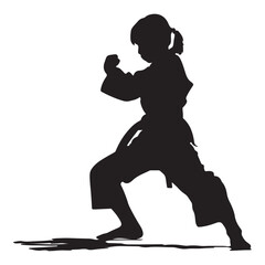 Simple and minimalistic kid girl karate fighter silhouette, black vector illustration on white background © stockLines