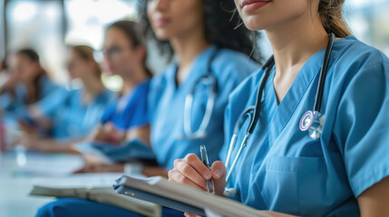 Group of nursing students in blue scrubs taking notes during a class, focusing on their studies and learning.