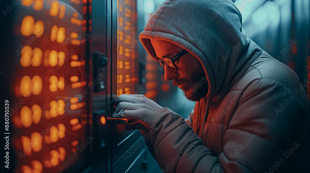 Poster a man in a hoodie is looking at a computer monitor with a key in his hand. concept of curiosity and 