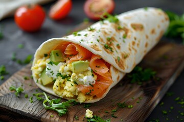 Luxurious Smoked Salmon Breakfast Wrap, Breakfast Wrap, Avocado, Smoked Salmon, Scrambled Eggs