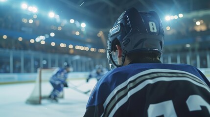 Fototapeta premium A close-up shot of a hockey player from behind, maneuvering the puck, intense focus on their back and stick, ice rink lights casting shadows, crowd blurred in the background