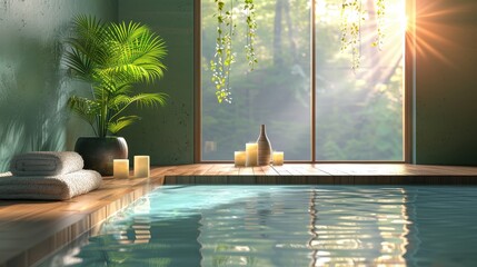 A small pool with a view of trees and a vase of candles