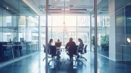 Glass conference room with people silhouettes discussing ideas
