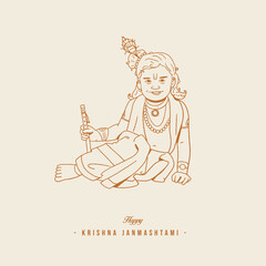 Lord Krishna's minimal line drawing illustration, outline sketch for Krishna Janmashtami's social post design 
