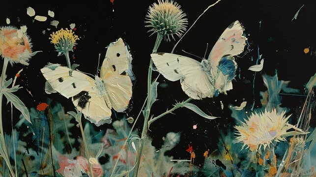 Fototapeta   A group of white butterflies flying over a field of dandelions and other wildflowers in a painting
