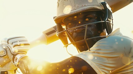 A high-definition photograph of a cricket player in action, close-up view, intense expression, sweat visible