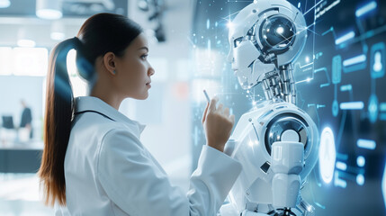 A person interacts with an artificial intelligence virtual assistant robot.