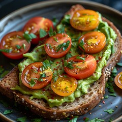 Healthy Avocado Toast with Cherry Tomatoes and Herbs