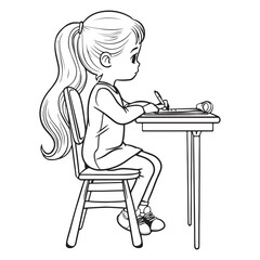Little girl sitting at a desk, black vector illustration on white background