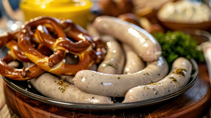 Weisswurst, Traditional Bavarian White Sausages, Served With Sweet Mustard And Pretzels