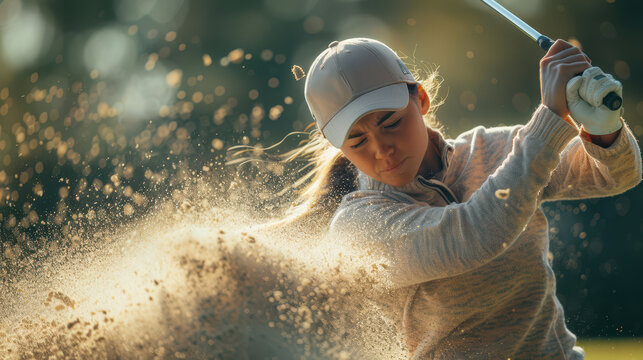 A photograph of a female golfer, focused and determined, viewed in close-up