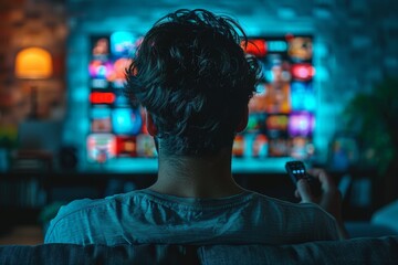 Fototapeta premium Man watching television at home at night