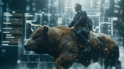 A man is riding a bear in a futuristic setting. The bear is surrounded by a lot of data and numbers, which suggests that the man is in a high-stakes situation. Scene is tense and intense