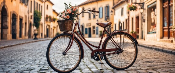 Vintage bicycle with flower basket on cobblestone street in Paris, France