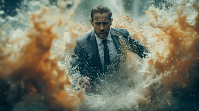A man in a suit is running through a muddy water waves. The scene is intense and action-packed, with the man appearing to be in a state of panic as he tries to escape the wave