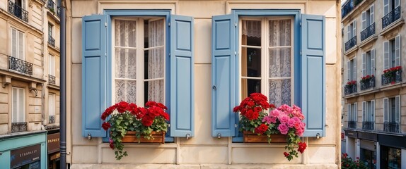 Charming Parisian windows with blue shutters and vibrant flowers in Paris, France