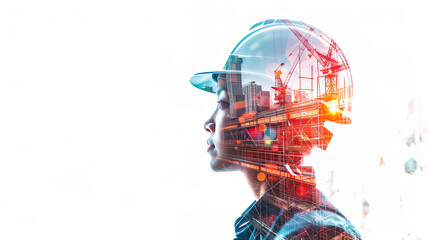 Artistic Double Exposure Photography Featuring Construction Worker and Captivating Construction Site Scene on Bright White