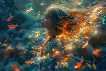 A woman with long hair is surrounded by fish in a blue and orange color scheme