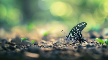 Selective focus on lime butterfly blurred natural backdrop empty area